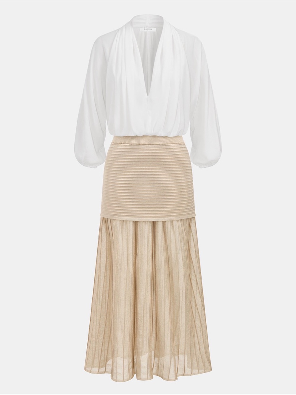Commense Beige Pleated Maxi Skirt with Sheer Overlay